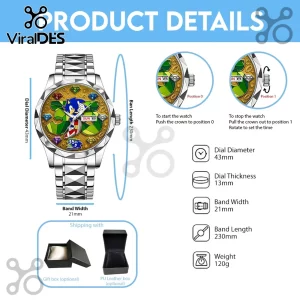 Sonic the Hedgehog 35th anniversary metal watch with 43mm silver dial, colored gem markers, and stainless steel strap.!