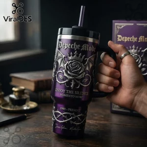 Depeche Mode Enjoy The Silence purple handle tumbler featuring a raised silver winged rose emblem and band signatures.