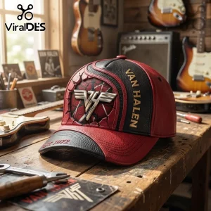 Van Halen Logo Red and Black Baseball Cap featuring a metallic emblem, cracked texture design, and textured faux leather panels.