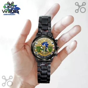 Sonic the Hedgehog 35th anniversary black metal wrist watch with gold dial featuring Sonic and multi-colored gems.!