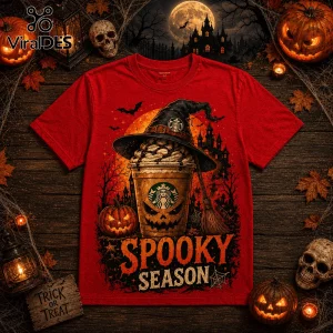 Starbucks Witch Hat Pumpkin Halloween Red T-Shirt featuring a coffee cup with a jack-o-lantern face and witch hat.