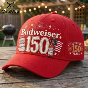 Budweiser 150th Anniversary Red Baseball Cap featuring white graphics of a beer can, bottle, and American flag.