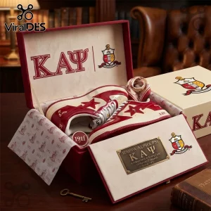 Kappa Alpha Psi branded red and cream sneakers in a commemorative display box with a 1911 pin and metallic insignia plate.!