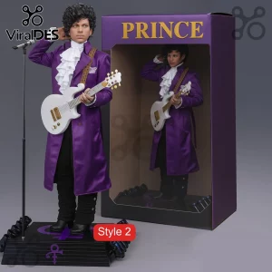 Prince 1/6 Scale Deluxe Collectible Action Figure wearing a purple coat, white ruffled shirt, and holding a white guitar.