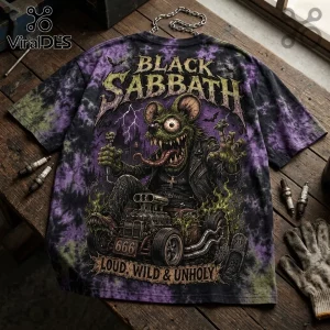 Black Sabbath heavy metal tie-dye t-shirt featuring a monstrous rat driving a hot rod with 666 plate on wood background.!