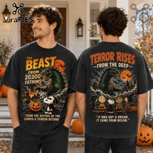 Snoopy Beast From 20,000 Fathoms Halloween 3D Shirt NTH1 featuring Peanuts characters and a giant sea monster graphic.