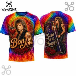 Bon Jovi t-shirt featuring Jon Bon Jovi, tie-dye rainbow background, flames, red roses, and Livin on a Prayer text.!