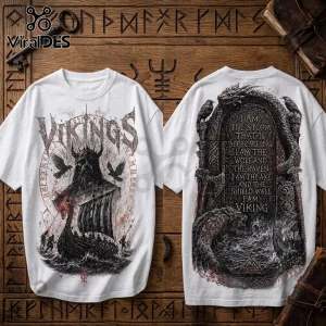 White t-shirt featuring Viking ship, warrior, and raven graphics with Old Norse inspired text on a carved wood background.!
