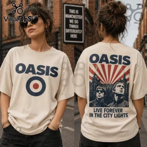 Oasis band graphic t-shirt on a model with front target logo and back print featuring Liam and Noel Gallagher portrait.!