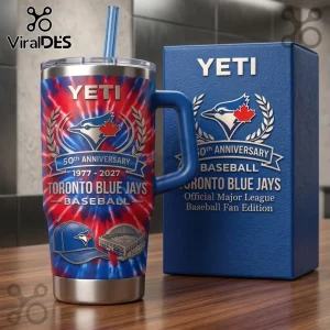 Toronto Blue Jays 50th anniversary Yeti tumbler with blue and red tie-dye pattern, handle, straw, and matching gift box.!