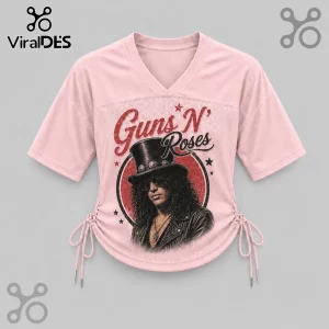 Guns N Roses Sweet Child O Mine pink lace-up jersey featuring a printed portrait of Slash on a circular red background.