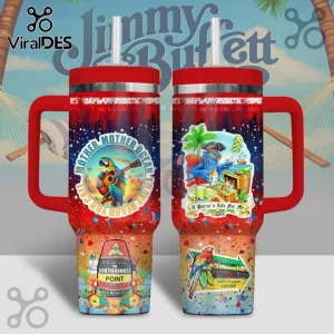 Jimmy Buffett Parrot Tropical 40oz Handle Tumbler featuring red lids, island parrot graphics, and Key West nautical motifs.