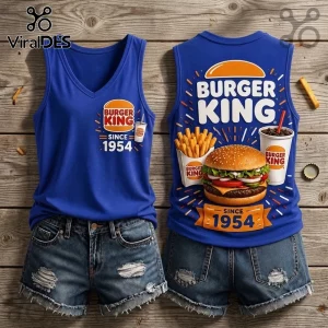 Burger King Vintage Burger and Fries V-Neck Tank Top in royal blue with food illustrations on front and back.