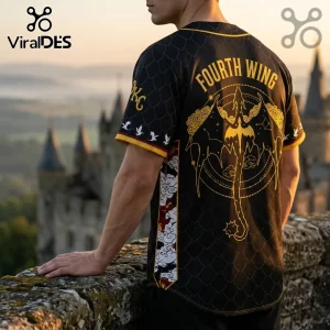 Black baseball jersey with gold Fourth Wing dragon graphic, scale pattern, and white cloud side panels worn outdoors.!