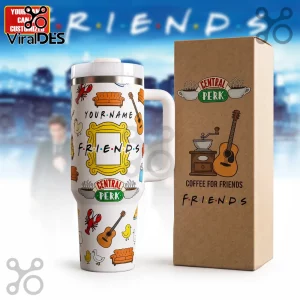 White Friends-themed stainless steel tumbler featuring a yellow peephole frame, guitar, and Central Perk logo icons.!