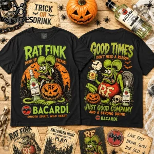 Rat Fink Bacardi Halloween Vintage Mascot T-Shirt design featuring a green rat holding a rum bottle near a jack-o'-lantern.
