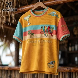 Margaritaville Changes In Latitudes waffle knit t-shirt featuring parrots, palm trees, and tropical cocktail graphics.