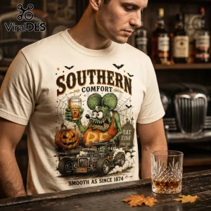 Rat Fink Southern Comfort Halloween mascot t-shirt featuring a green rat character, hot rod, pumpkin, and spider webs.
