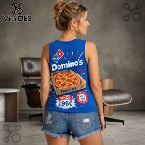 Domino's Pizza Since 1960 V-Neck Tank Top in blue with a pepperoni pizza graphic worn by a woman with a hair bun.