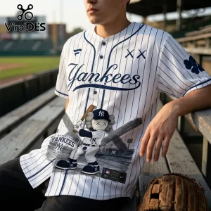 New York Yankees pinstripe baseball jersey featuring a cartoon character holding a bat and cross-eye symbols.!
