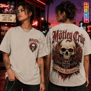Grey vintage-wash crewneck t-shirt featuring Mötley Crüe skull and cross graphic with Live Fast, Play Louder text.!