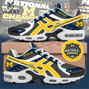 Michigan Wolverines 2026 NCAA Men's Basketball Champions athletic sneakers in blue, yellow, white, and grey mesh design.!