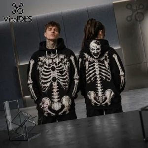 Art The Clown Horror Skeleton Black Hoodie featuring a detailed white skeleton print and ruffled clown collar design.