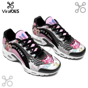 BTS x ARMY Pattern Athletic Running Shoes featuring pink and white character prints, black laces, and group member photos.