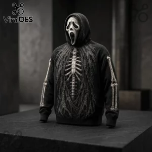 Ghostface Skeleton Halloween Pullover Hoodie 2026 featuring a white mask, ribcage graphic, and arm bone sleeves.