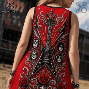 Red sleeveless dress featuring a Kiss rock band graphic, central electric guitar, star motifs, and red roses.!