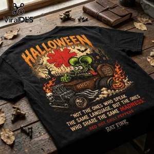 Red Hot Chili Peppers x Rat Fink Halloween Mascot T-Shirt with Rat Fink in a hot rod, flaming text, and rock lyrics.