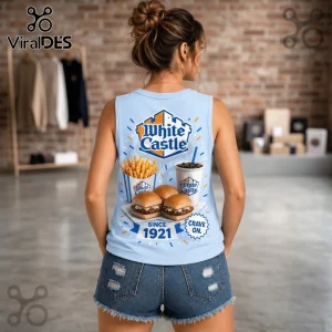 White Castle 1921 Slider and Fries V-Neck Tank Top featuring a branded graphic on a light blue sleeveless cotton shirt.