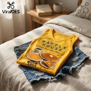 Waffle House Retro 1955 Logo V-Neck Tank Top in yellow featuring a diner breakfast graphic on a bed with denim shorts.