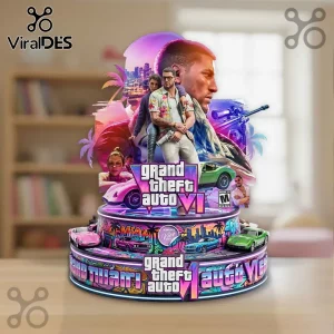 Grand Theft Auto VI layered acrylic standee with character art, pink and teal city skyline, and miniature car replicas.!
