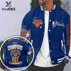 Blue New York Knicks 2026 Finals Champions varsity jacket featuring team logos, championship trophies, and white buttons.!