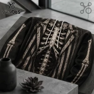 Beetlejuice Illustrated Skeleton Costume Hoodie featuring a black and white striped suit print with 3D bone details.