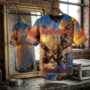 Iron Maiden 2026 Run For Your Lives World Tour baseball jersey featuring Eddie artwork against a sunset sky background.