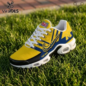 Michigan Wolverines theme sneaker in yellow and blue with white laces, black sole, and customizable name text area.!