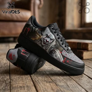 Custom Pennywise Horror Movie Air Force 1 Sneakers featuring grey and black leather with clown portrait and blood splatter.
