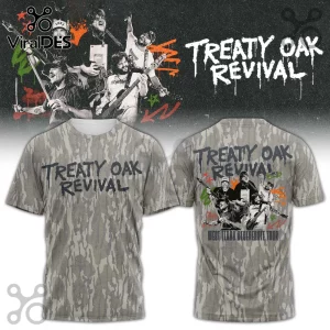 Treaty Oak Revival band t-shirt with grey camouflage pattern, graphic of band members, and West Texas Degenerate Tour text.!
