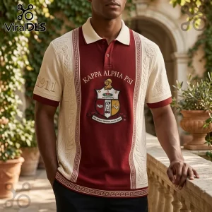 Kappa Alpha Psi polo shirt with maroon center panel, cream side panels, 1911 text, and fraternity crest embroidery.!