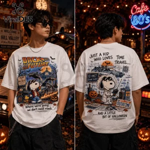 Snoopy Back to the Future Halloween T-Shirt showing front print of Snoopy with Delorean and back print with Doc Brown.