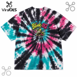 Blink-182 graphic t-shirt with black, hot pink, and teal spiral tie-dye pattern and cartoon rat center print.!