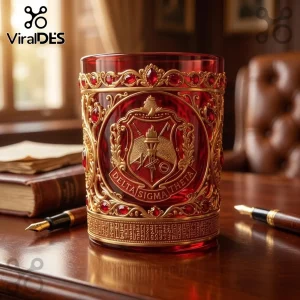 Red crystal whiskey glass with gold filigree, ruby accents, and the Delta Sigma Theta sorority crest and Greek letters.!