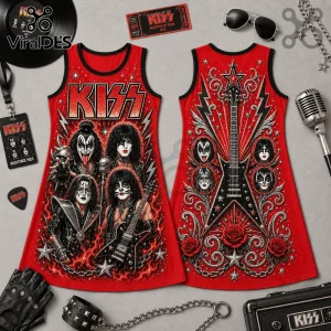 KISS band red tank dress featuring printed group portrait and electric guitar motif on gray background with concert props.!