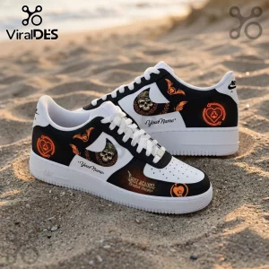 Custom black and white sneakers featuring skull graphics, heart symbols, and Rise Against Dropkick Murphys text on sand.!