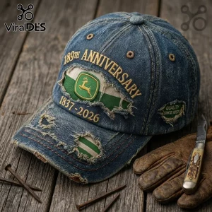 Distressed blue denim baseball cap featuring John Deere logo, 189th anniversary text, and 1837-2026 embroidery on wood table.!