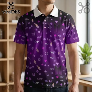 BTS Purple Pattern Personalized Polo Shirt featuring a gradient purple fabric with Korean text, hearts, and logos.