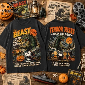 Snoopy Beast From 20,000 Fathoms Halloween 3D Shirt NTH1 featuring Snoopy, Peanuts characters, and a giant sea monster.