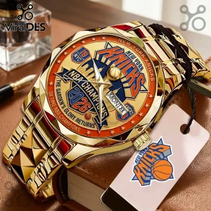 Gold New York Knicks watch with championship 2026 dial, date display, metal band, and hanging logo price tag.!